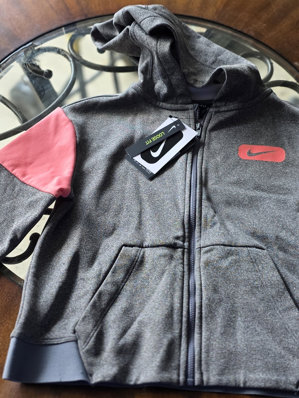 Nike Youth Gray Hooded Zip Jacket with Pink Sleeve Accent